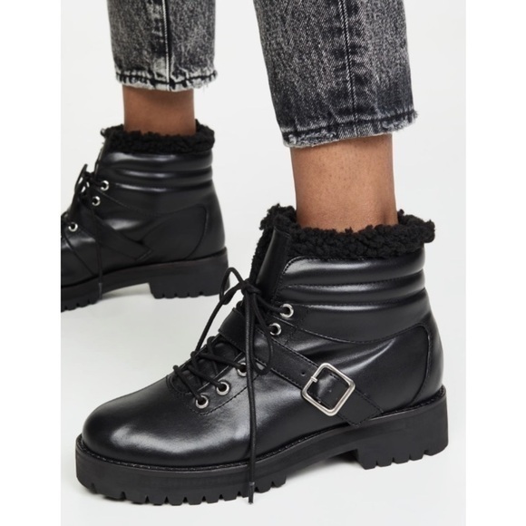 Sol Sana 8 Shannon Boots Cowhide Leather Sherpa Lined Black‎ Hiker Combat - Picture 1 of 11